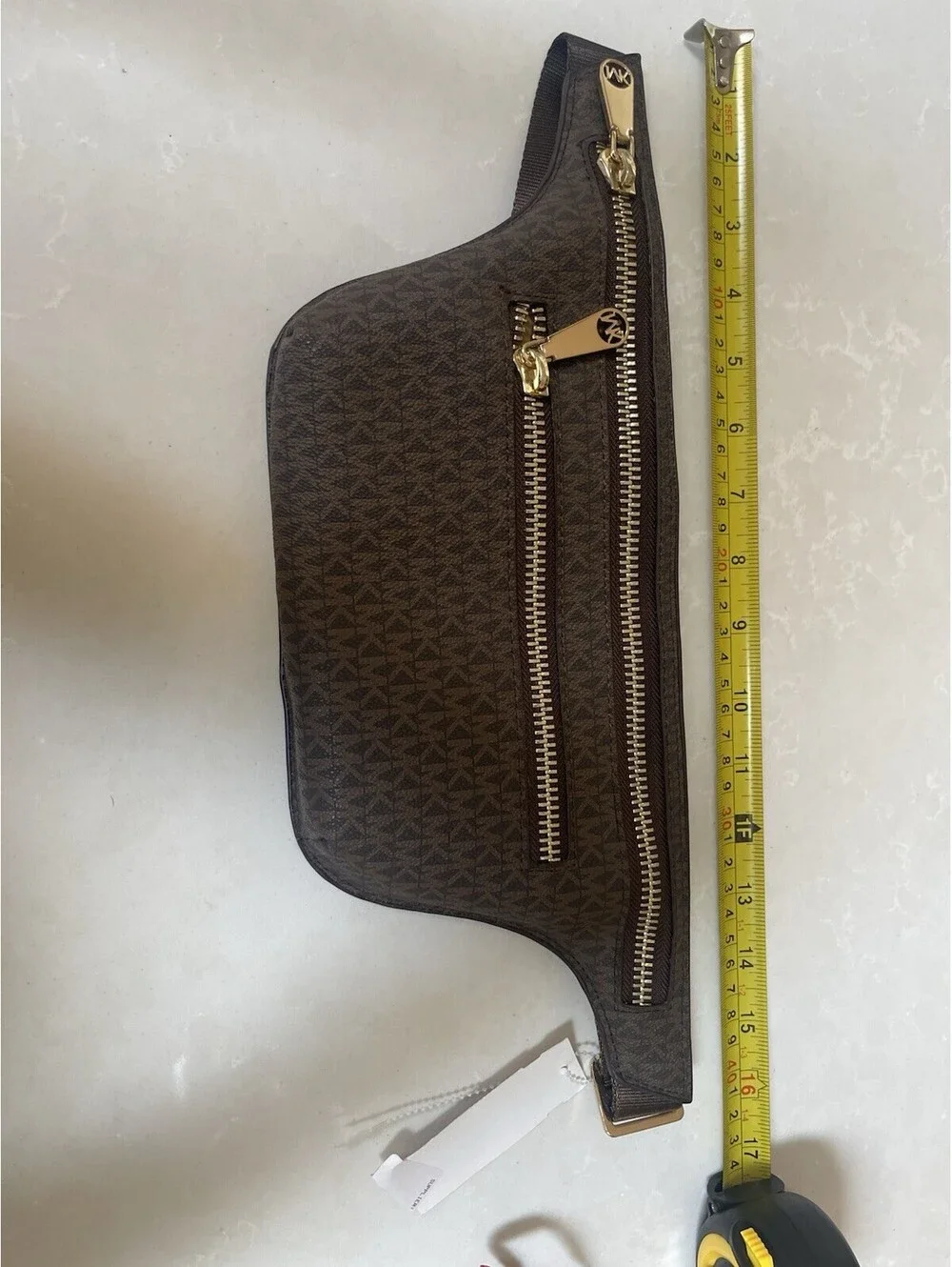 Michael Kors Logo Double-Zip Fanny Pack in brown with gold-tone hardware